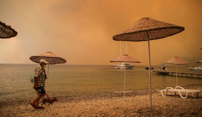 Ein Mann mit Hund am Strand in der Ferienregion Bodrum: In Teilen der Türkei toben heftige Brände. 