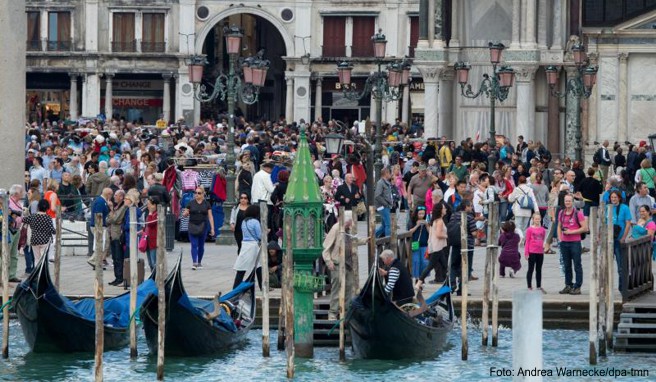 Touristen auf dem Markusplatz in Venedig. Viele vertrauen auf die Führung durch ihren Reiseleiter oder örtliche Stadtführer