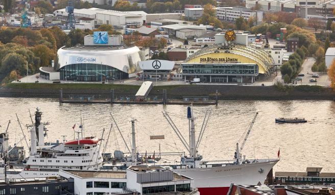 Blick auf die Stage-Musical-Theater «Die Eiskönigin» (l) und «Der König der Löwen» im Hamburger Hafen.