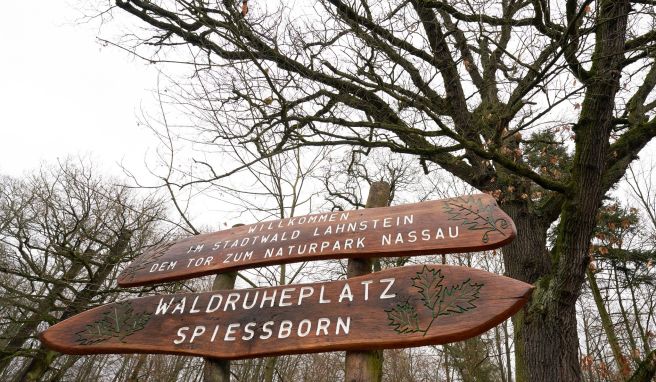 Ein Schild weist auf den Stadtwald von Lahnstein hin. Die Kurstadt bei Koblenz entwickelt den ersten offiziellen Kur- und Heilwald in Rheinland-Pfalz.