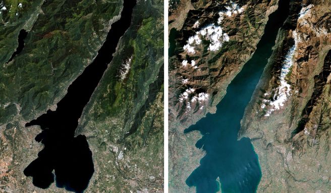 Das Satellitenbild zeigt den Gardasee in Italien im Juni 2022 (l) und im März 2023 (2). Der Gardasee leidet aktuell unter extrem niedrigen Wasserständen.