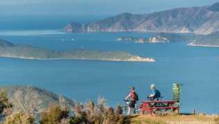 Mountainbiker auf dem Queen Charlotte Track genießen die Aussicht über das Wasser Mountainbiker auf dem Queen Charlotte Track genießen die Aussicht über das Wasser