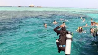 Letzter Sprung ins Wasser: Reiseveranstalter fliegen Urlauber aus den Badeorten des Sinai, wie hier Scharm el Scheich, aus. Das Auswärtige Amt warnt vor der Region##Foto: Khaled Elfiqi Letzter Sprung ins Wasser: Reiseveranstalter fliegen Urlauber aus den Badeorten des Sinai, wie hier Scharm el Scheich, aus. Das Auswärtige Amt warnt vor der Region