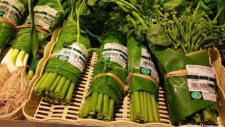 Im thailändischen Supermarkt «Rimping» wird das Gemüse wie in alten Zeiten in Bananenblätter gewickelt. Das macht eine Verpackung aus Plastik überflüssig Im thailändischen Supermarkt «Rimping» wird das Gemüse wie in alten Zeiten in Bananenblätter gewickelt. Das macht eine Verpackung aus Plastik überflüssig