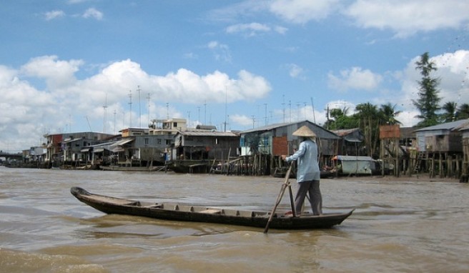 Eine typische Siedlung am Mekong River.