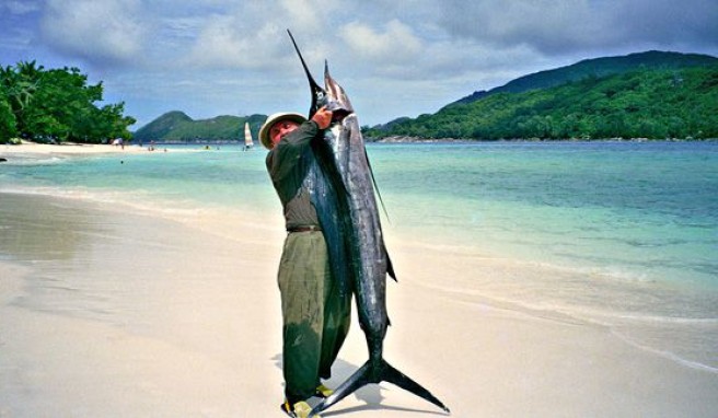 Fischreiche Seychellen, Fischer am Beach von Mahe Island